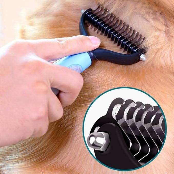 Pet Grooming Rake - Double-Sided Deshedding Dematting Tool, Undercoat Rake for Dogs & Cats, Extra-Wide Dog Grooming Brush & Deshedder Comb for Long Hair, Reduces Shedding 95%