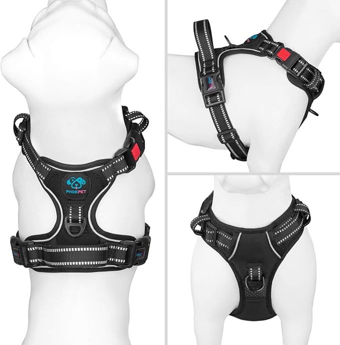 PHOEPET No Pull Dog Harnesses for Small Dogs Reflective Adjustable Front Clip Vest with Handle 2 Metal Rings 3 Buckles [Easy to Put on & Take Off](XS, Black)