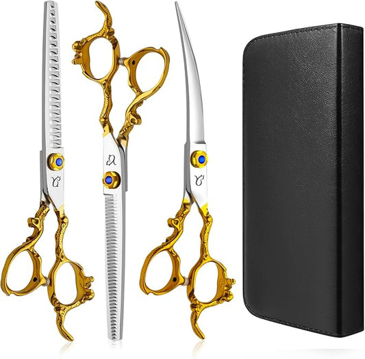 Dog Grooming Scissors,Thinning Shear Chunkers Shears and Curved scissors with Safety Round Tips,Sharp 3 in 1 Dog Scissors for Grooming