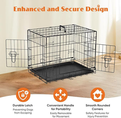 Sweetcrispy Small Dog Crate with Divider Panel,24 Inch Double Door Folding Metal Wire Dog Cage with Plastic Leak-Proof Pan Tray, Pet Kennel for Indoor, Outdoor, Travel