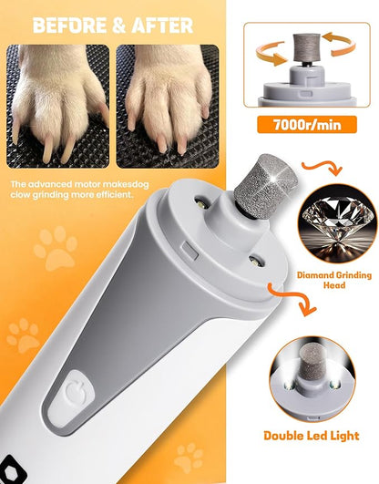 HARDELL Dog Nail Grinder, Super Quiet Dog Nail Trimmers with 2 LED Lights & 3 Grinding Ports, USB Rechargeable and Cordless Safety Dog Nail Clippers Kit for Small Medium Dogs/Cats & Puppy