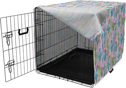 Lunarable Succulent Dog Crate Cover, Pastel Cactus Plants Flowering Desert Botany Foliage in, Easy to Use Pet Kennel Cover for Medium Large Dogs, 48 Inch, Pale Pink Sky Blue Green