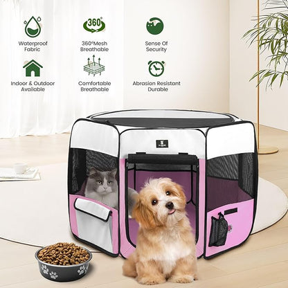 X-ZONE PET Dog Playpen Portable Pet Play Pens for Puppies, Cat, Rabbit, Chicks, Foldable Exercise Play Tent Kennel Crate, Indoor/Outdoor Travel Camping Pink Small
