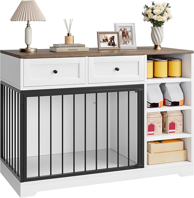 Dog Crate Furniture 47”, Large Dog Crate TV Stand with 2 Drawers and 4 Shelves, Wooden Dog Kennel Indoor, Decorative Dog Cage with Storage for Large Dogs, White