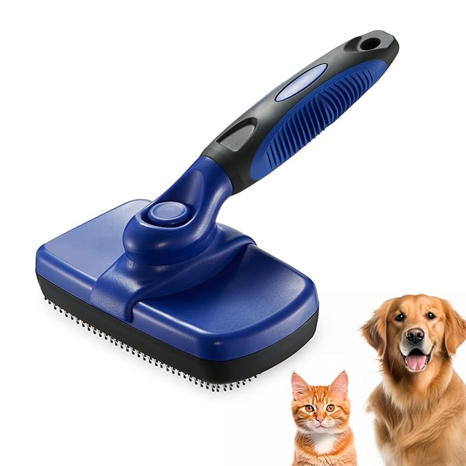 Self-Cleaning Slicker Brush for Pets - Removes Loose Hair, Cat and Dog Grooming Tool (Large, Blue)