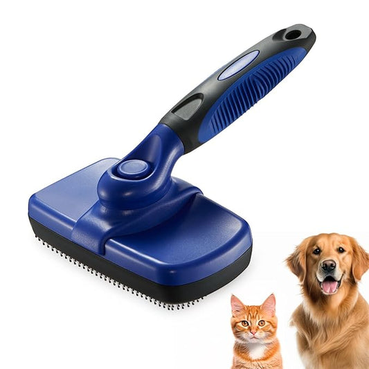 Self-Cleaning Slicker Brush for Pets - Removes Loose Hair, Cat and Dog Grooming Tool (Large, Blue)