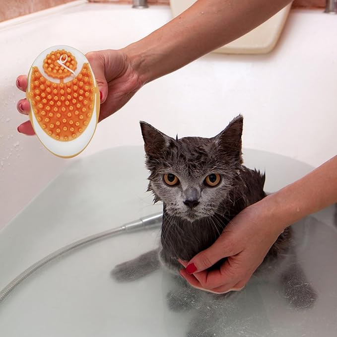 WishLotus Pet Bath Brush, Puppy Massage Brush with Shampoo Dispenser Pet Grooming Tool for Small Animals Soft Silicone Dog Shower Brush for Long Short Haired Dog and Cat Washing (Orange)