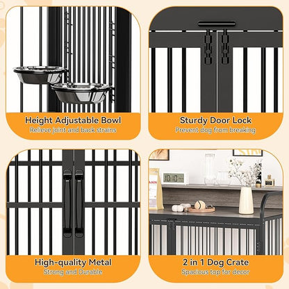 48" L X 30" W X 44.3" H Dog Crate Furniture, Dog Crate Indoor with Adjustable Height Bowls, Wooden Heavy Duty, 48 Inch Dog Kennel Furniture for Large Dogs,Grey