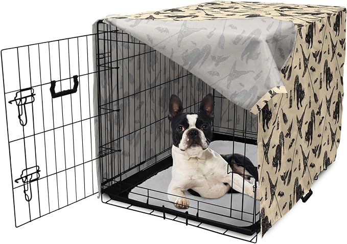 Lunarable Halloween Dog Crate Cover, Sketch Drawn Bat Cat Spider Witch Hat and Broom Pattern, Easy to Use Pet Kennel Cover for Small Dogs Puppies Kittens, 22 Inch, Grey Beige Charcoal