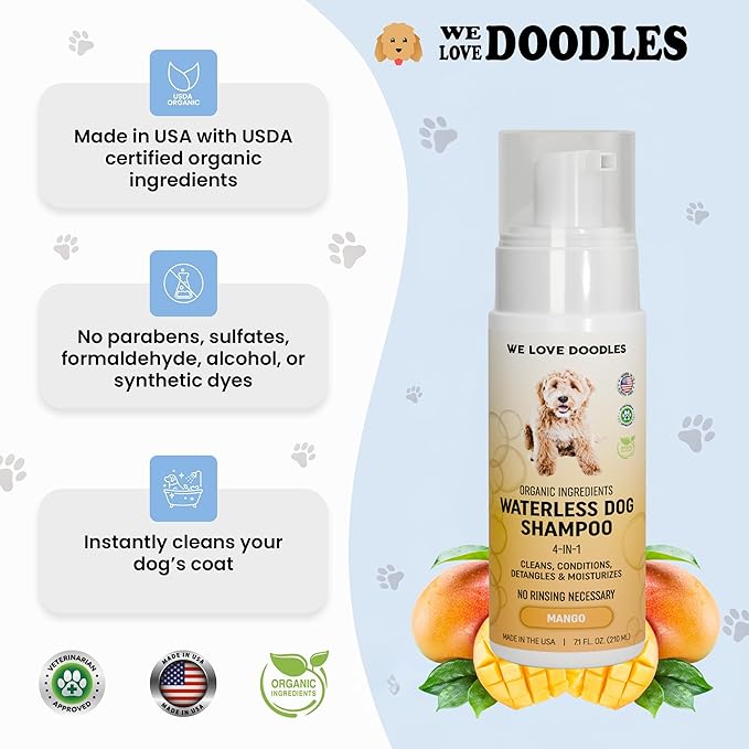 Waterless Dog Shampoo - Cleans & Moisturizes Coat, No Rinse Dog Shampoo, Safe Foam Formula & Pet-Friendly Dog Deodorizing Spray, 5.2 oz Parent [We Love Doodles] (Mango)