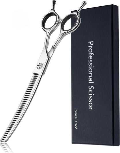 7" Upward Curved Dog Chunker Thinning Scissors Silver Dog Grooming Scissors Professional Blending Texturizing Trimming Shears for Dog Cat Pet Japanese Stainless