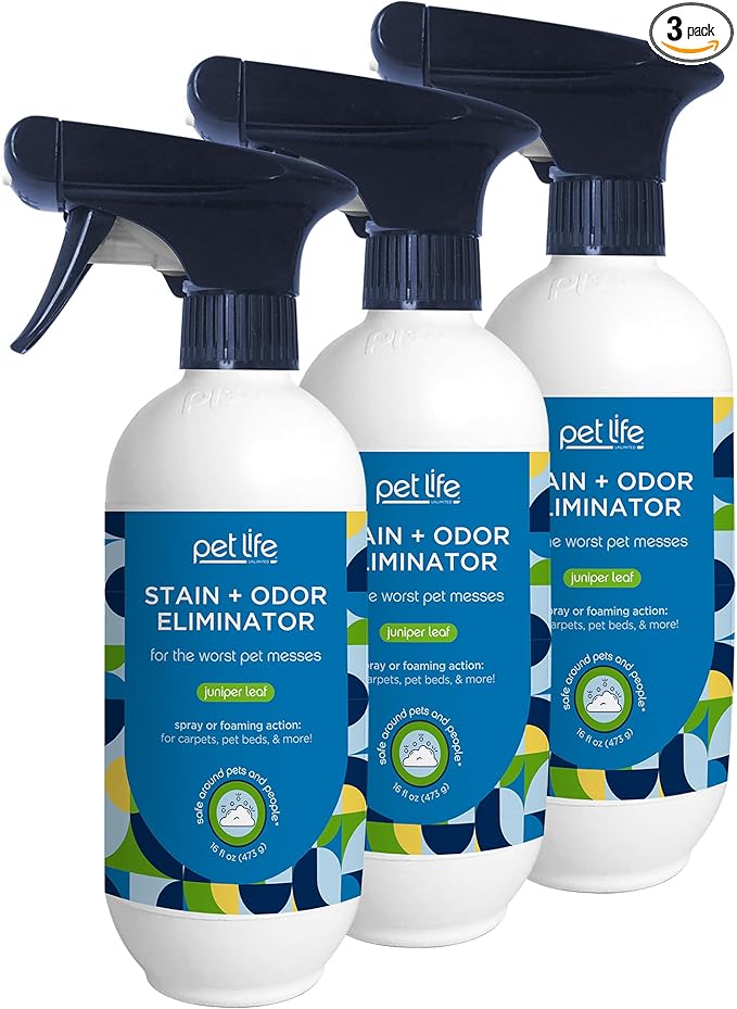 Pet Life Unlimited Foaming Stain + Odor Eliminator Spray Cleaner - Plant-Based Stain Removal - Two-Way Spray Applicator - Natural Juniper Leaf Scent - Made in the USA - 16 Ounce (Pack of 3)