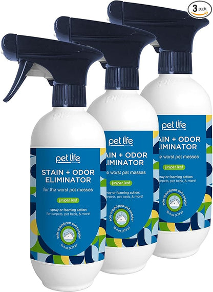 Pet Life Unlimited Foaming Stain + Odor Eliminator Spray Cleaner - Plant-Based Stain Removal - Two-Way Spray Applicator - Natural Juniper Leaf Scent - Made in the USA - 16 Ounce (Pack of 3)