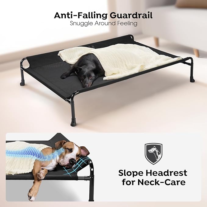 Veehoo Elevated Dog Bed, Cooling Raised Dog Bed with Guardrail & Headrest, Upgraded Non-Slip Silicon Feet, Breathable Teslin Mesh, Portable Pet Cot for Indoor and Outdoor, 35 x 22 Inches, Black
