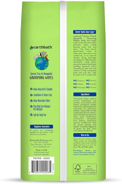 earthbath Green Tea and Awapuhi Grooming Wipes- Dog and Cat Cleaning Wipes for Paws and Butt, Cruelty-Free, Removes Dirt and Dander- 100 Count, 1 Pack