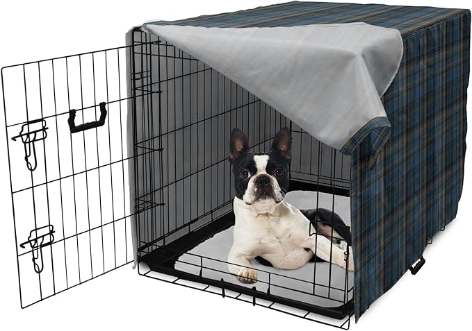 Lunarable Plaid Dog Crate Cover, Striped Geometric British Pattern Modern Design Elements in Patel Colors, Easy to Use Pet Kennel Cover for Medium Large Dogs, 22 Inch, Azure Blue and Marigold