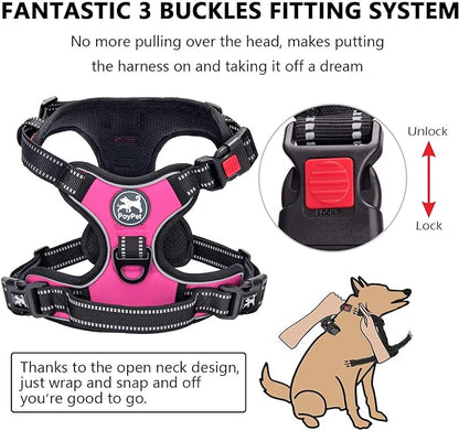 PoyPet Dog Harness No Pull, Reflective Adjustable No Choke Pet Vest with Front & Back Clips, Soft Padded and Control Training Handle for Large Dogs(Pink,XL)