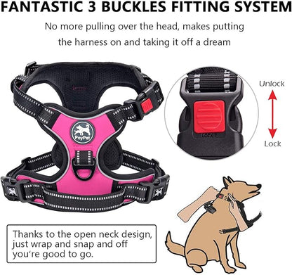 PoyPet No Pull Dog Harness, No Choke Front Clip Dog Reflective Harness, Adjustable Soft Padded Pet Vest with Easy Control Handle for Small to Large Dogs(Pink,M)