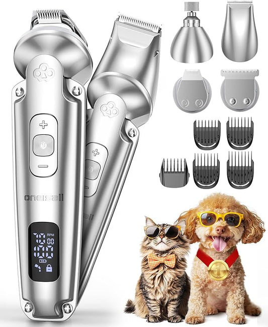 oneisall Dog Clippers and Paw Trimmer with Low Noise, 4 - in - 1 Cordless Dog Grooming Kit with 3 - Level Speed Clippers (7000 RPM) for Grooming Thick Hair, Waterproof Shaver for Dogs and Cats