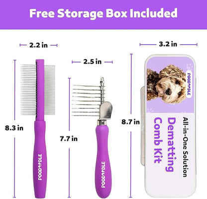 Pain-Free Dematting Comb Kit for Dogs & Cats, Dematting Rake & Detangling Dual-Side Comb Set, Dematting Brush for Dogs & Cats, Pet Grooming Tools Kit for Poodle Doodle & All Long Haired Pets