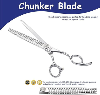 Professional Chunker Dog Grooming Scissors with Simulation Diamond 440C Stainless Steel Polished Pet Cat Trimming Texturizing Shears for Groomers and Home users 8''
