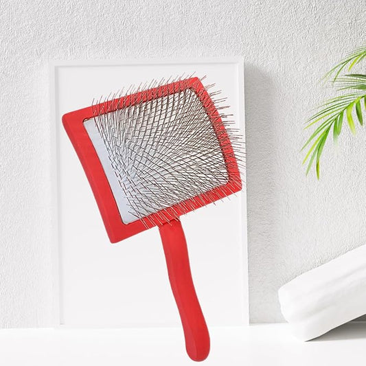 Pro-Slicker Brush Grooming Tool for Pets: Large Red Brush, Soft Cushion Bed of Dull Pins, Gentle but Effective. Easily and Painlessly Remove Thick Undercoat. Reduce Brushing Sessions, Groom like a Pro
