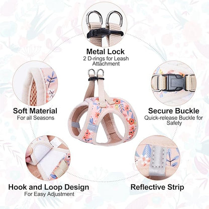 BEAUTYZOO Step in Dog Harness and Leash Set, Floral Pattern Reflective Dog Harness No Pull No Choke Puppy Harness for XXS XS S Dogs Cats, Soft Padded Mesh Vest Harnesses for Girl and Boy Pets