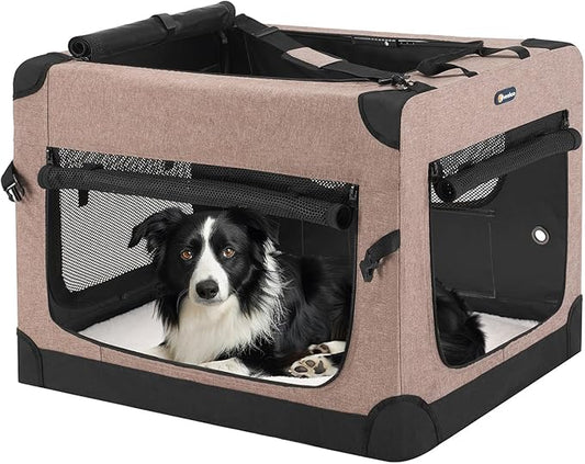 Veehoo 30 inch Folding Soft Dog Crate, 4-Door Portable Collapsible Pet Kennel Travel Dog Crate for Medium Dogs, 5 x Durable Mesh Screen, 600D Oxford Fabric, Indoor & Outdoor Use, Brown, CWB2428CP