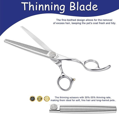 Professional Thinning Dog Grooming Scissors with Simulation Diamond 440C Stainless Steel Polished Pet Cat Thinner Blender Shears for Groomers and Home users 7.5''