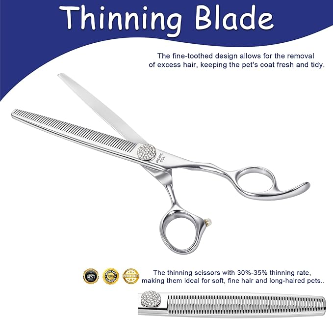 Professional Thinning Dog Grooming Scissors with Simulation Diamond 440C Stainless Steel Polished Pet Cat Thinner Blender Shears for Groomers and Home users 8''