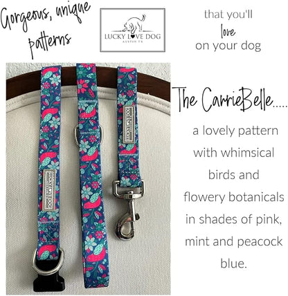 Lucky Love Dog, Whimsical Bird Dog Collar, Vivid Pink, Mint, Blue Flowers Large Dog Collar, Adjustable Collars for Female Male Dogs - (L, Carriebelle Collar)