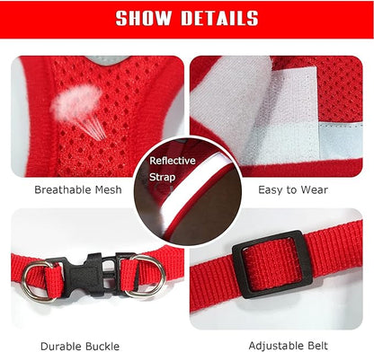 FEimaX Dog Harness and Leash Set for Walking, Soft Mesh Adjustable Easy Control Lightweight Cat Vest Harnesses with Reflective Strips, Escape Proof Small Dogs Cats Vests (Red, X-Small)