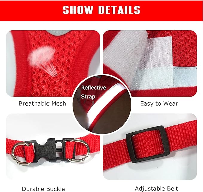 FEimaX Dog Harness and Leash Set for Walking, Soft Mesh Adjustable Easy Control Lightweight Cat Vest Harnesses with Reflective Strips, Escape Proof Small Dogs Cats Vests (Red, X-Large)