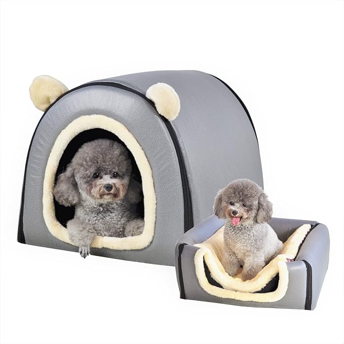 Dog Bed or Cat Bed,2 Ways to Use,Indoor Pet House with Fluffy Mat,Removable and Washable Cover,Splash-Proof House and Non-Slip Bottom,for Cats and Small Dogs(M Grey Faux Leather)