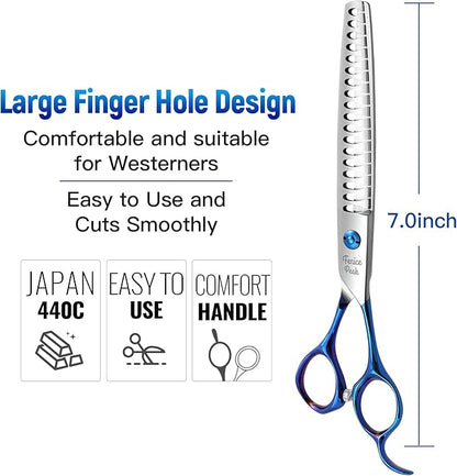 Fenice Peak Grooming Scissors for Dogs 7 inch Chunker Pet Grooming Scissors Ergonomically Designed Blue Handles Ideal Dog Shears for Precise Trimming Easy Use.