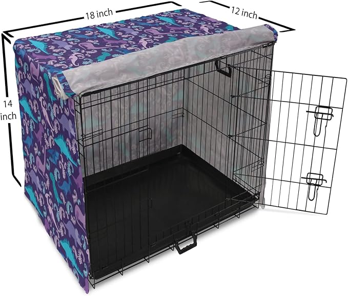 Lunarable Jurassic Dog Crate Cover, Abstract Cartoon Dinosaur Pattern Ferns Caricature Style Creatures Prehistoric, Easy to Use Pet Kennel Cover for Small Dogs Puppies Kittens, 18 Inch, Blue Purple