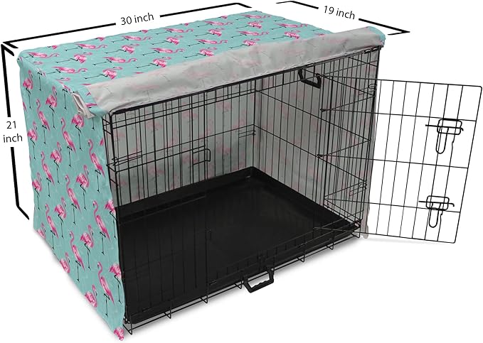 Lunarable Turquoise Dog Crate Cover, Repetitive Pink Flamingos on Wavy Water Background Vivid Colors Graphic, Easy to Use Pet Kennel Cover for Cats & Medium Dogs, 30 Inch, Pink Seafoam