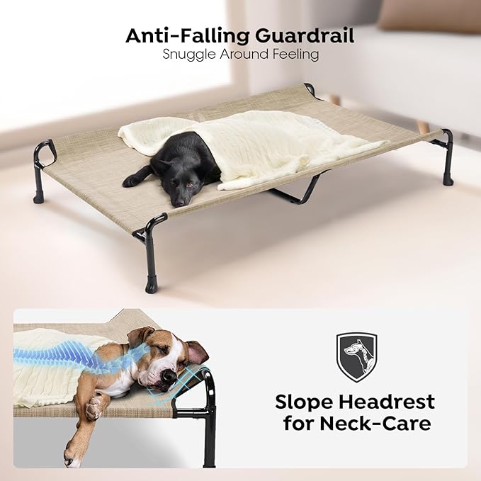 Veehoo Cooling Elevated Dog Bed, Raised Dog Beds for Large Dogs, Outdoor Dog Bed with Guardrail, Upgraded Non-Slip Feet, Breathable Teslin Mesh, Portable Camping Dog Cot, XXLarge, Beige Coffee CWC2404