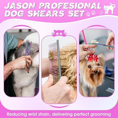 JASON Dog Grooming Scissors Kit, Professional 6 in 1 Dog Scissors Set - 6.5" Thinning, 7" Straight, 7" Up-Curved, 7" Down-curved Shears and Comb for Dog Cat Pet (Rainbow)
