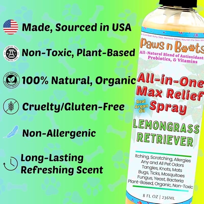 All-in-One Dry Shampoo Spray – 100% Natural, Plant-Based. Removes All Pet Odors, Tangles, & Mats. Fast Relief for Itching, Inflammation. Safe to Use on Toys, Clothes, Furniture, Pets. Tear Free. Lemongrass