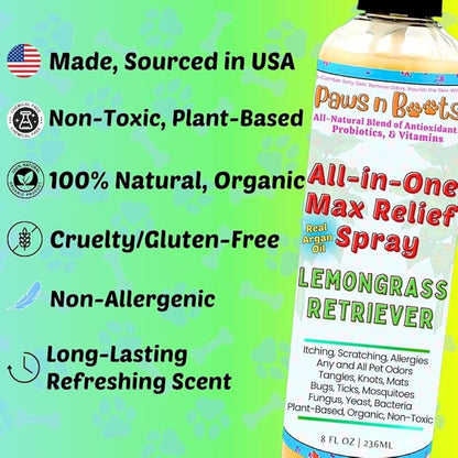 All-in-One Dry Shampoo Spray – 100% Natural, Plant-Based. Removes All Pet Odors, Tangles, & Mats. Fast Relief for Itching, Inflammation. Safe to Use on Toys, Clothes, Furniture, Pets. Tear Free. Lemongrass