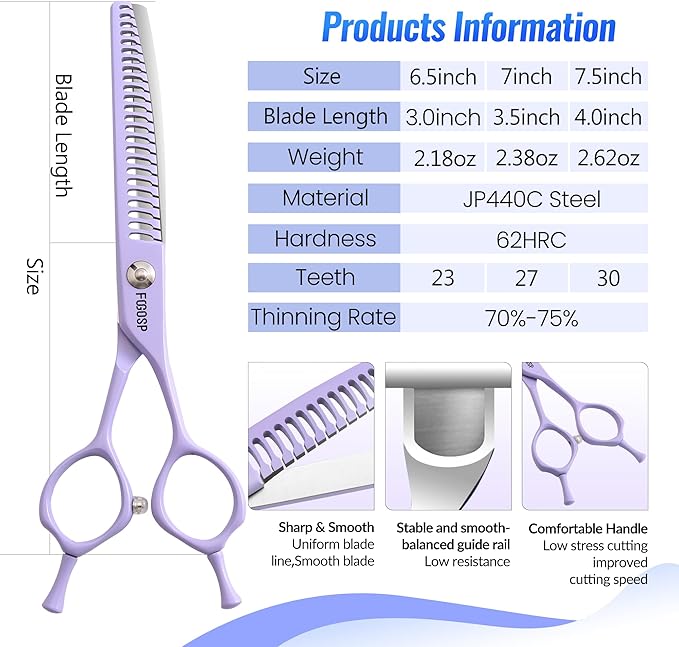 Curved Chunkers Dog Grooming Scissors 7.5" Macarone Series Professional Pet Grooming Shears for Large Dogs Pets Japan 440C Stainless Steel Sharp & Durable(Purple, 30Teeth Curved Thinners)