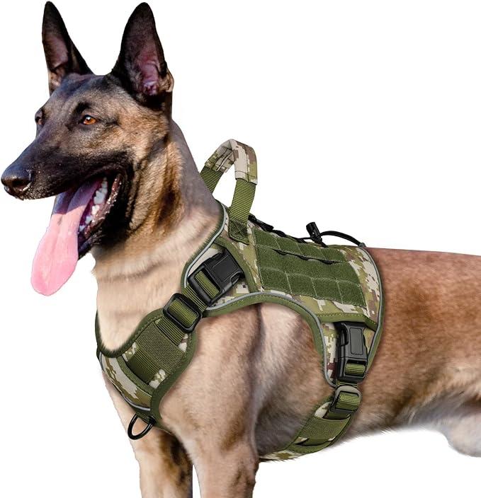 WINGOIN Tactical Dog Harness for Large Dogs, Heavy Duty No Pull Dog Harness with Handle, Adjustable Reflective Military K9 German Shepherd Big Dog Vest for Training, Walking, Hiking, Green Camo (L)