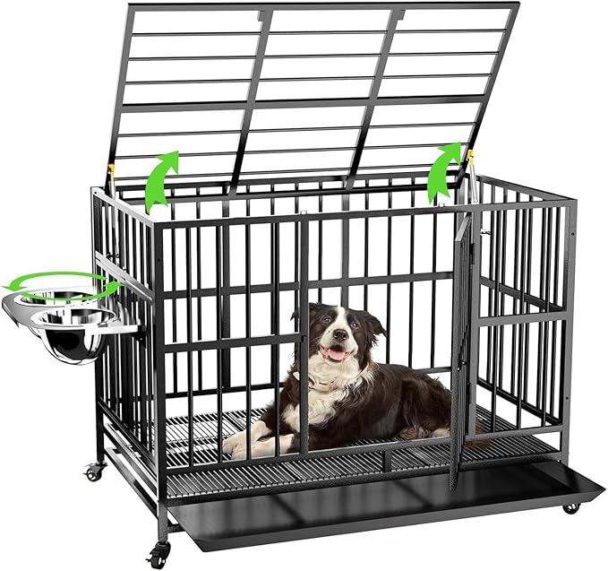 LOVMOR 43" Heavy Duty Dog Crate with Unique Air Lift Rod/Wheels/ 360° & Adjustable 2 Bowls, Extra Medium Dog Crate