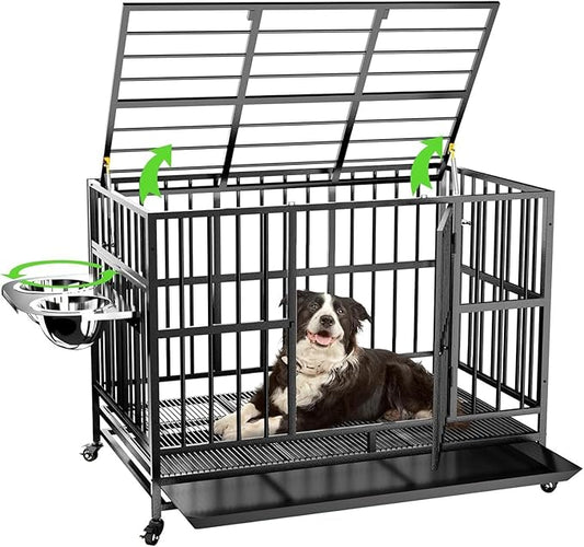 LOVMOR 43" Heavy Duty Dog Crate with Unique Air Lift Rod/Wheels/ 360° & Adjustable 2 Bowls, Extra Medium Dog Crate