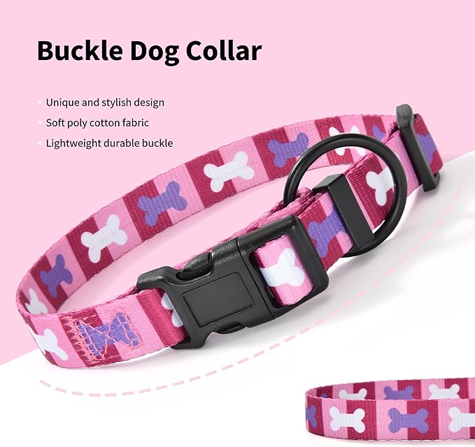 Mile High Life Dog Collar | Nylon Puppy Collars w Cute Patterns | Lightweight Girl Dog Collar | Boy Dog Collar for Small/Medium/Large Dogs (Purple Bone, Medium)