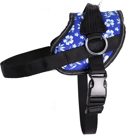 Bark Appeal Blue Hibiscus No-Pull Dog Harness for Medium to Large Sized Pets – Adjustable, Reflective Vest with 3 Leash Clips for Added Control, Easy Walks & Training – Large