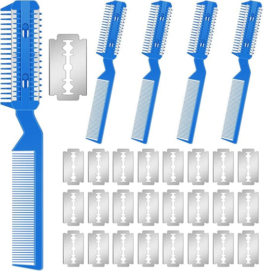 Yinkin 5 Pieces Razor Comb for Dogs Hair Grooming Trimmer for Pet Razor Comb with 25 Extra Blades Manual Dog Hair Trimmer Double Edge for Cats Hair Cutting Tool(Blue)