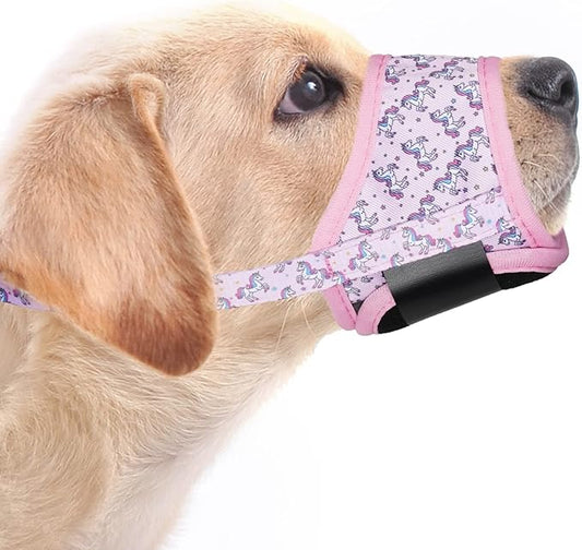 LUCKYPAW Dog Muzzle, Soft Dog Muzzles for Small Medium Large Dogs, Breathable Muzzles to Stop Biting and Chewing with Pattern, Allows Panting and Drinking (XL-(Snout 8¾"-11"), Pink Unicone)