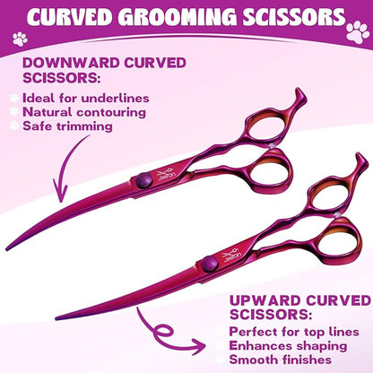 JASON Dog Grooming Scissors Set - Professional 6 in 1 Dog Shears Set - 7" Curved Chunker, 7" Straight, 7" Up-Curved, 7" Down-curved Scissors and Comb for Dog Cat Pet with Adjustable Screw